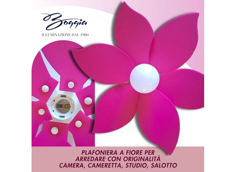 Lampadario per Bambini Fiore Fucsia, Plafoniera in plexiglass Made in Italy, Lampada a soffitto per camerette diametro 63 cm.