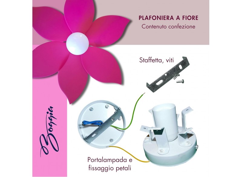 Lampadario per Bambini Fiore Fucsia, Plafoniera in plexiglass Made in Italy, Lampada a soffitto per camerette diametro 63 cm.